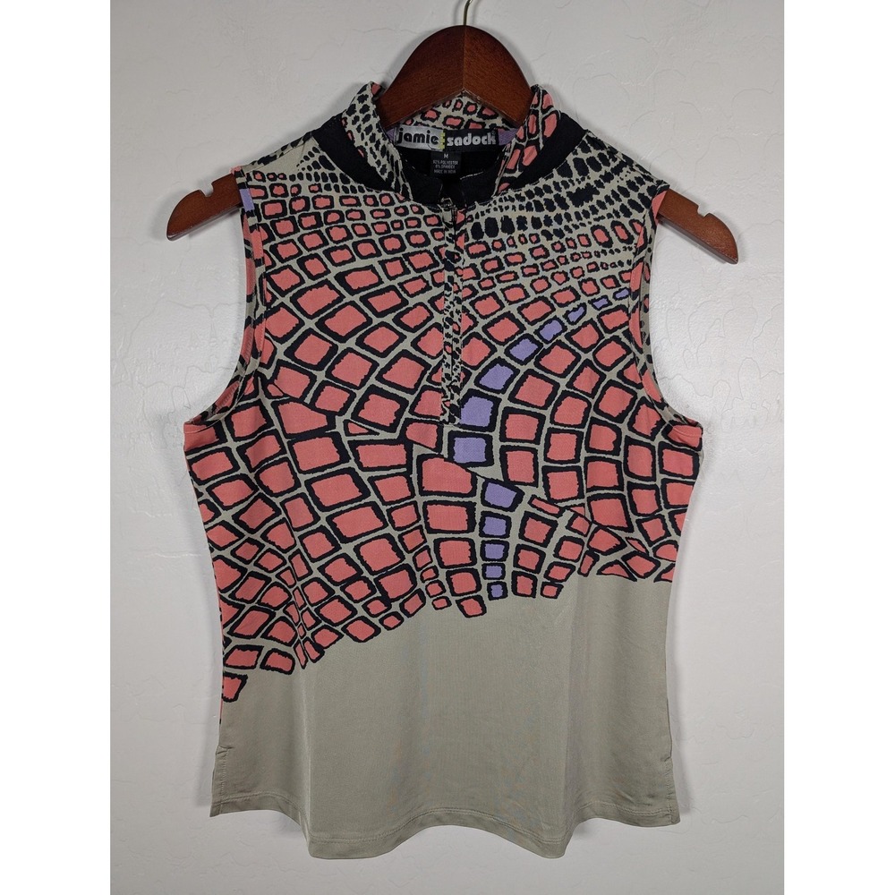 Jamie Sadock Shirt Womens Medium Quarter Zip Mock Neck‎ Golf Sleeveless Abstract